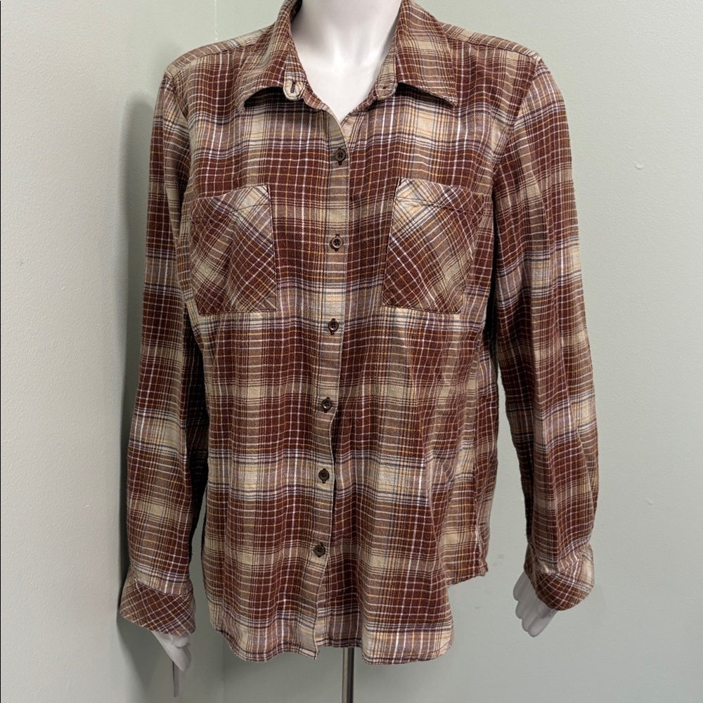 Natural Reflections button up autumn fall brown plaid flannel large - Picture 2 of 7